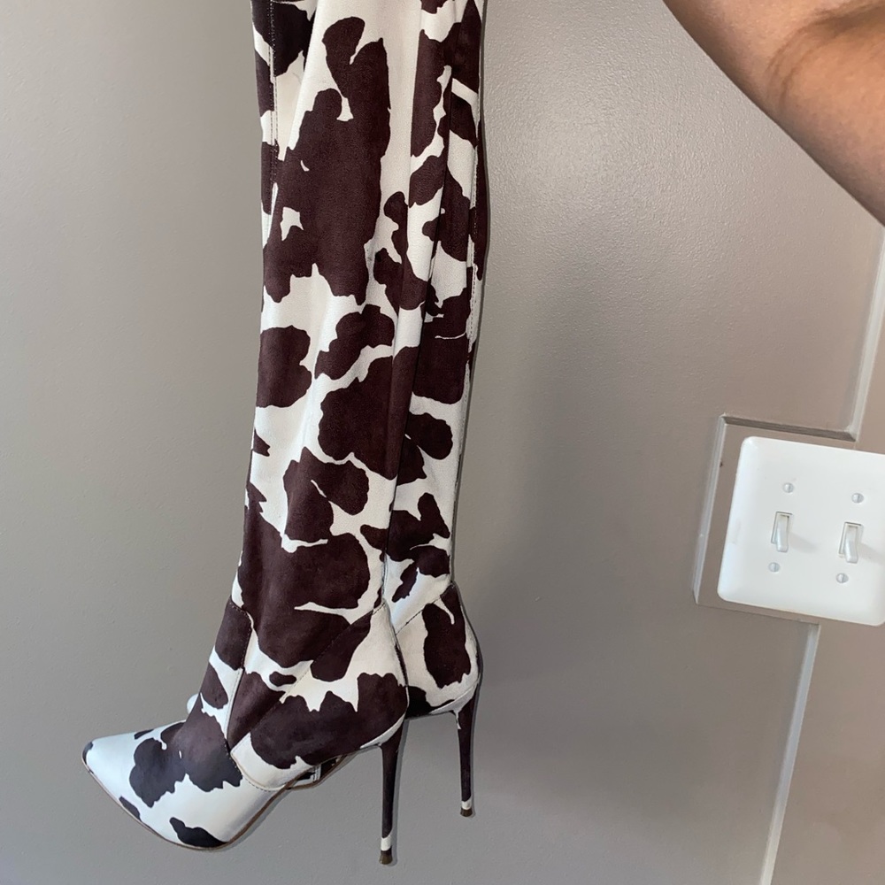 Steve Madden Cow Print Knee High Heeled Boots